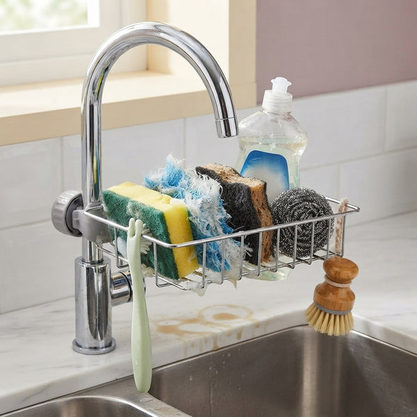 A cluttered kitchen sink with wet sponges and soap residue, representing a messy and disorganized kitchen space.