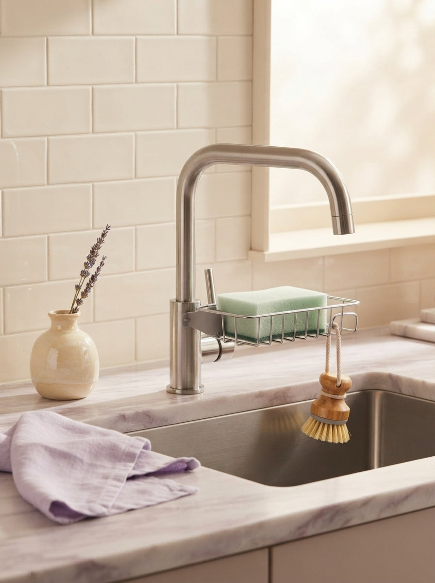 A modern, clutter-free kitchen sink with a sink caddy organizer holding cleaning tools in a serene, warm-toned kitchen space.