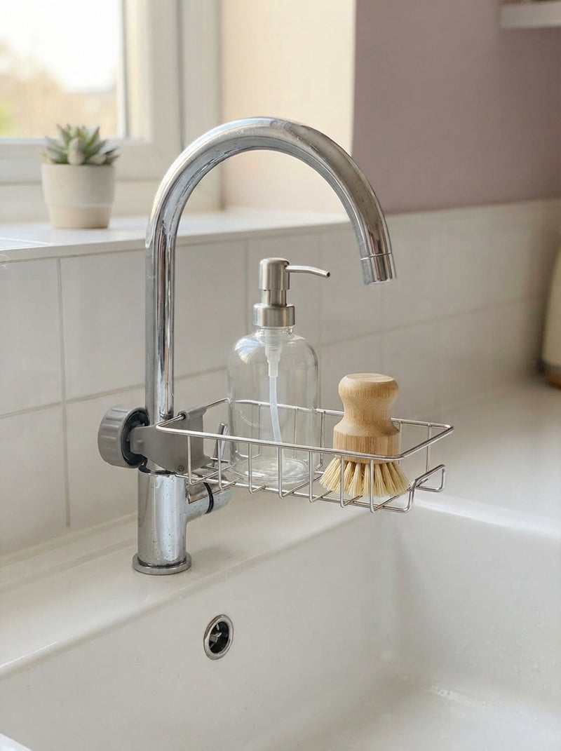A minimalist white kitchen sink with a sink caddy holding a glass soap dispenser and a bamboo brush.