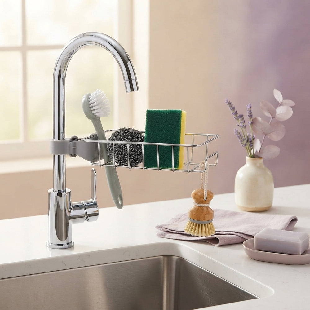 A modern sink caddy organizer neatly holding sponges and scrubbers on a clean, organized kitchen countertop styled with soft 