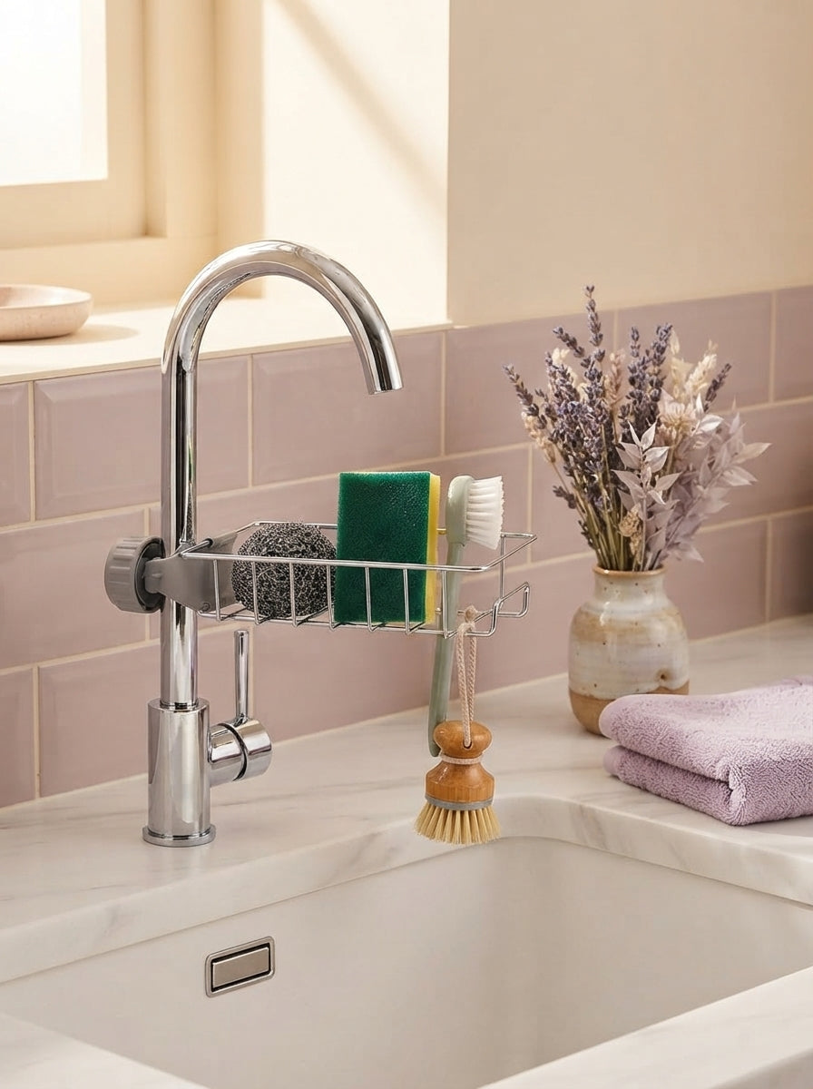 A minimalist sink caddy organiser neatly holding a sponge and brush on a marble countertop in a serene, warm-toned kitchen.
